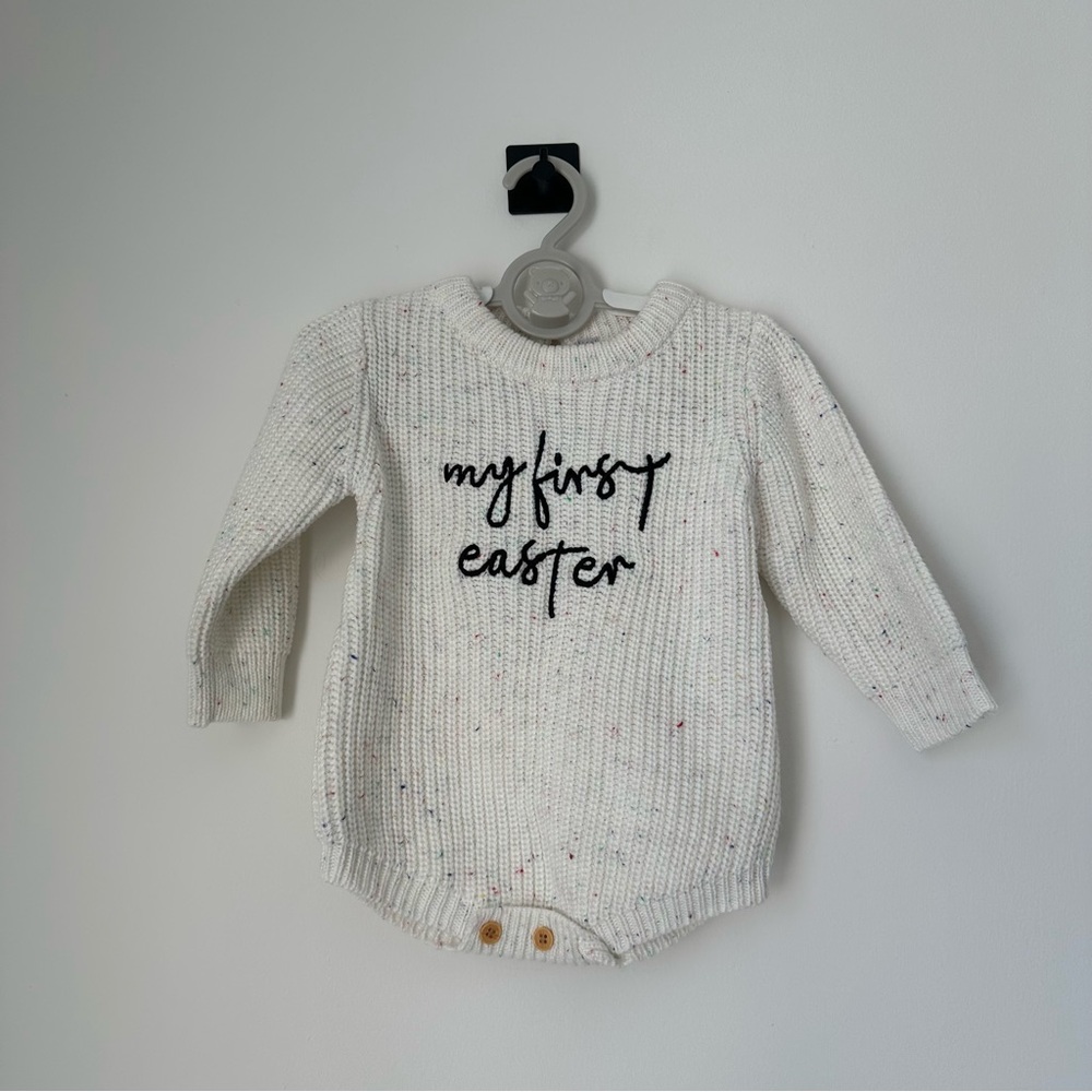 White Knit Baby Onesie with 'My First Easter' Embroidery